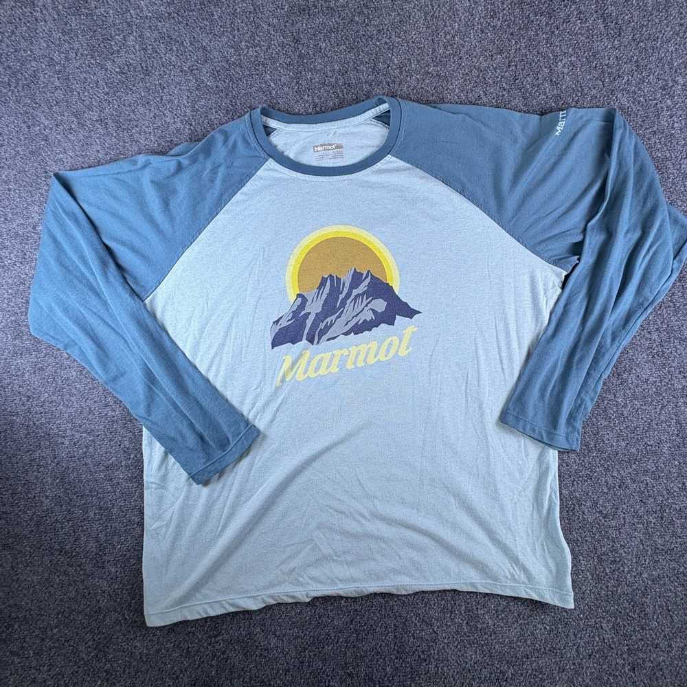 Marmot Shirt Mens 2XL Gray Blue Mountain Sun Graphic‎ Raglan Sleeve Crew Neck
